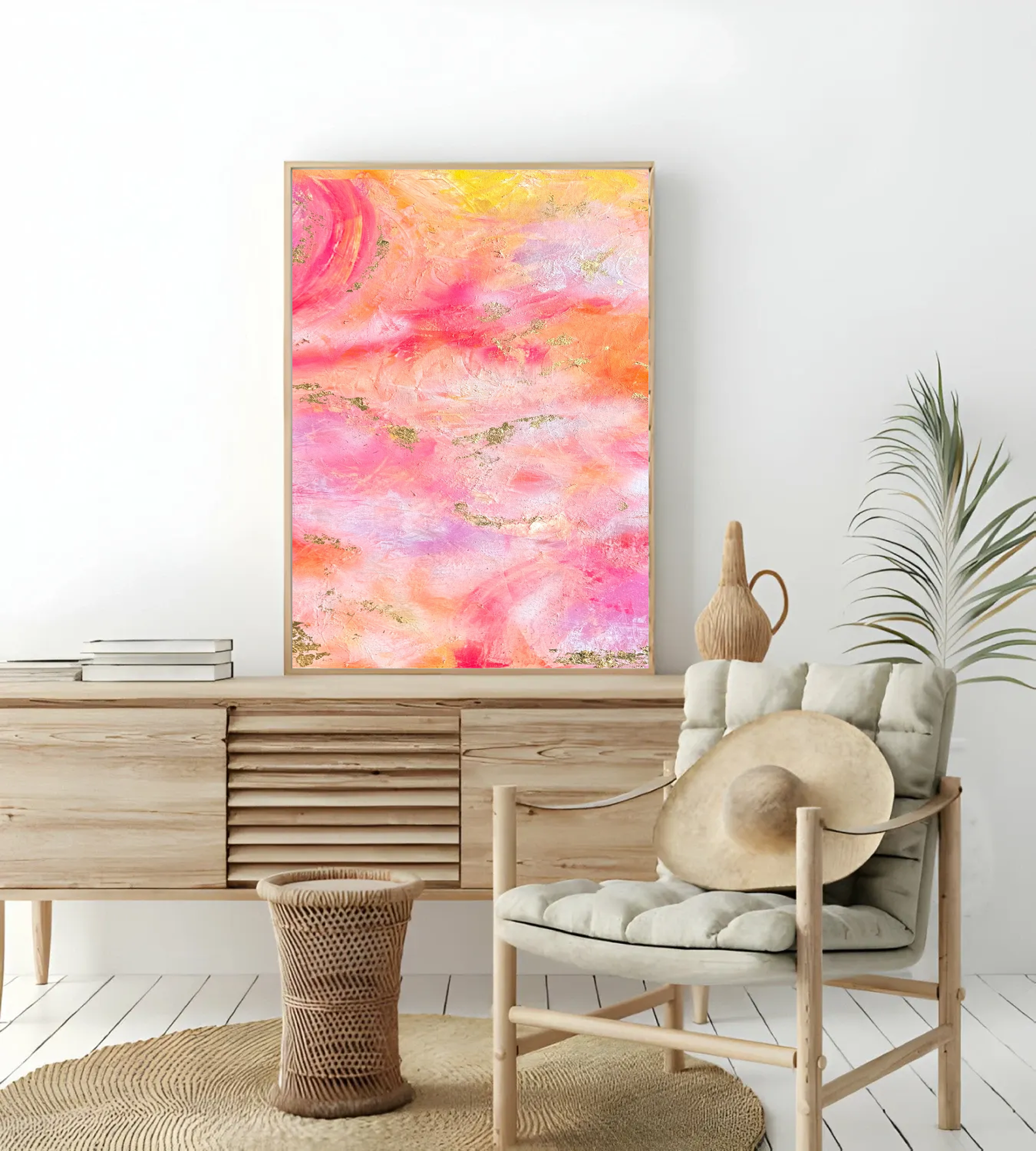 Summer Love framed on a light wood sideboard in a modern living room