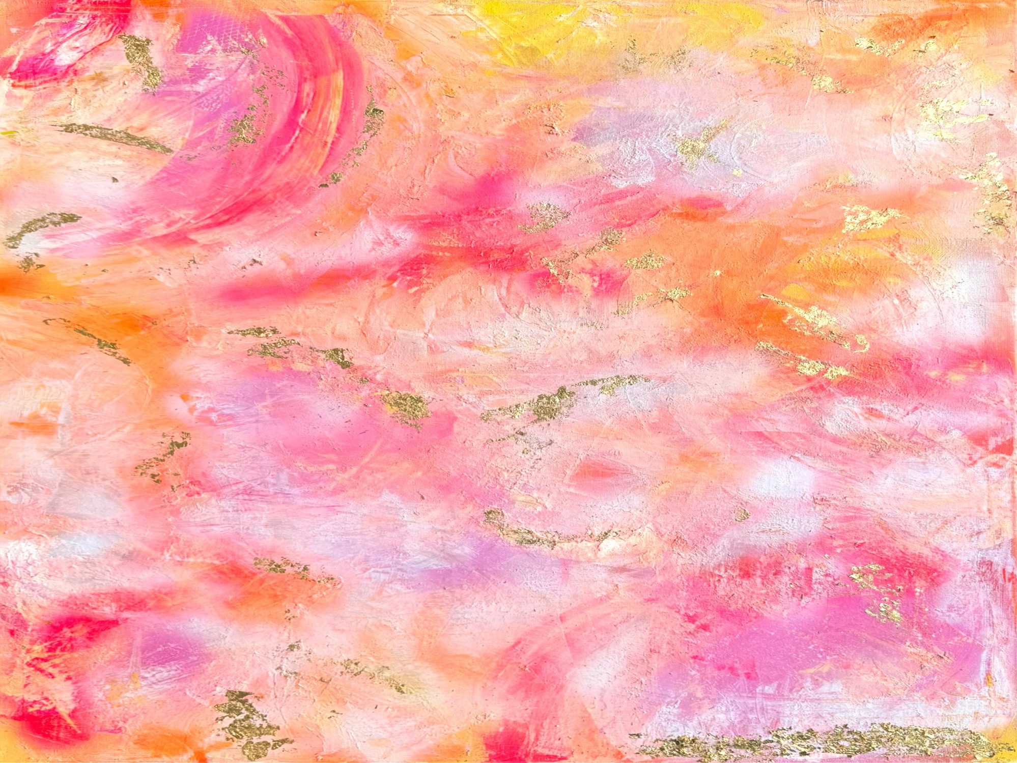 Close-up of palette knife applying pink and orange paint