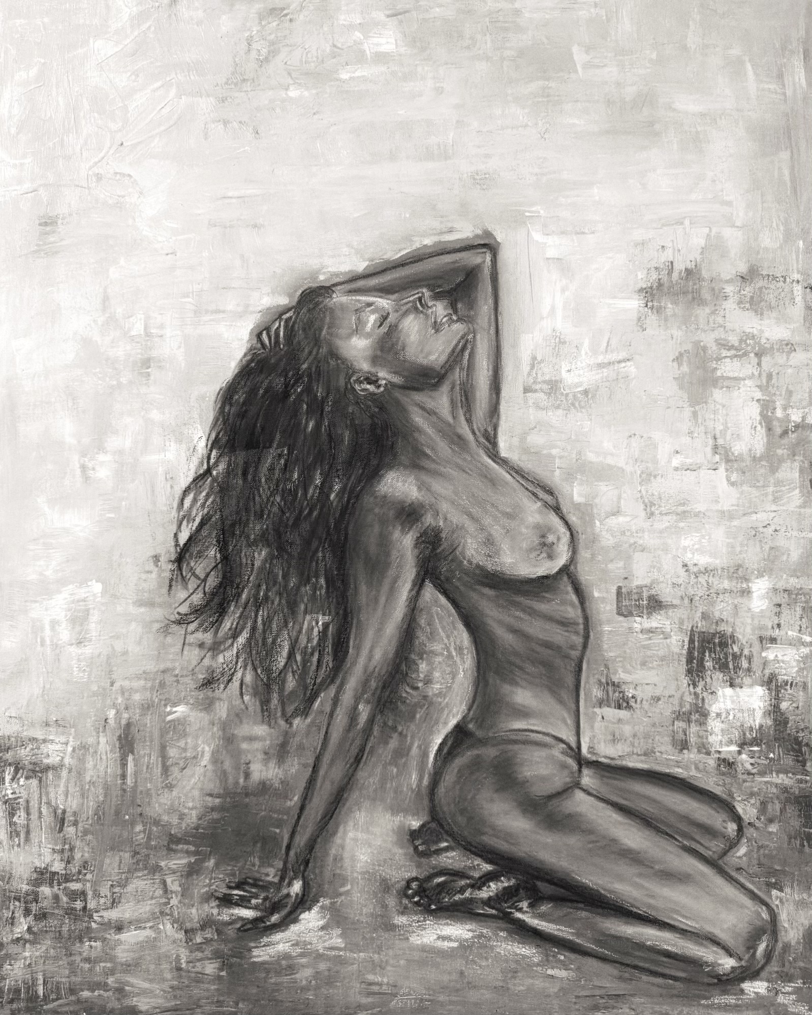 Figurative monochrome painting of a seated woman
