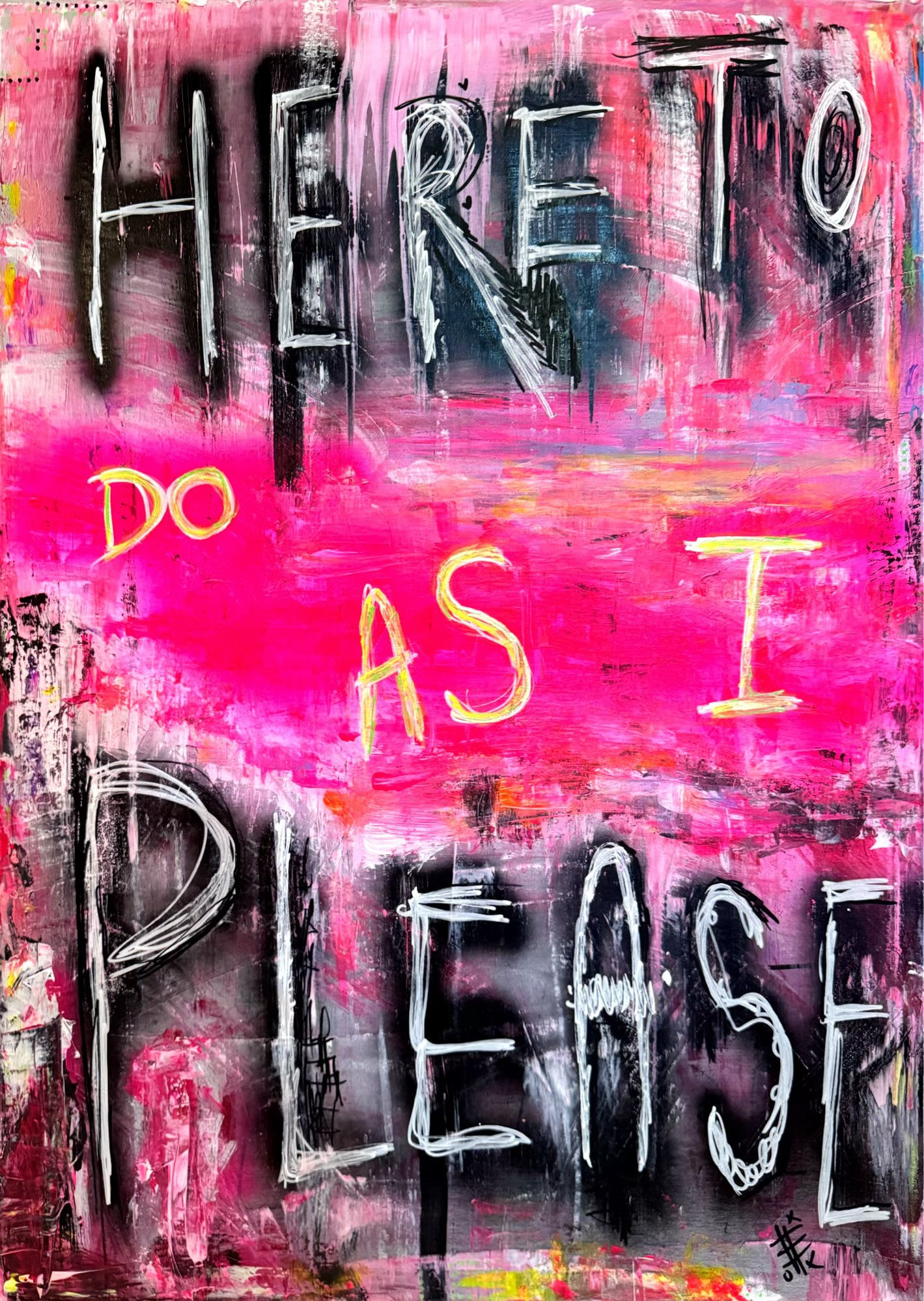 Typographic expression painting in pink, black, and white